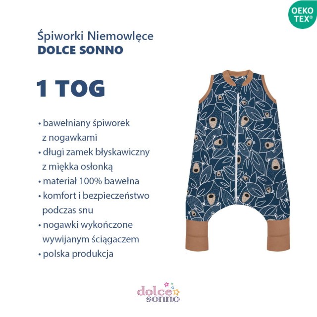 Niemowlęcy Dziecięcy Śpiworek bawełniany z nogawkami Misie na liściach 1 TOG - Dolce Sonno