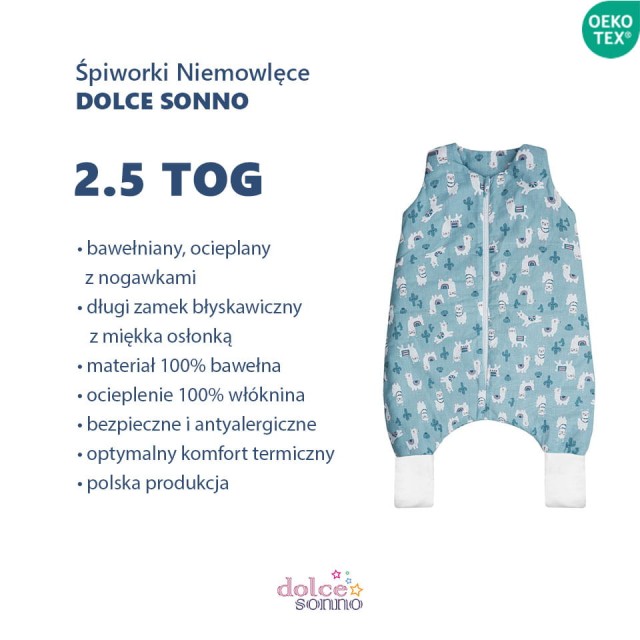 Niemowlęcy Dziecięcy Całoroczny śpiworek bawełniany dla dziecka z nogawkami 2,5 TOG Lama | Dolce Sonno