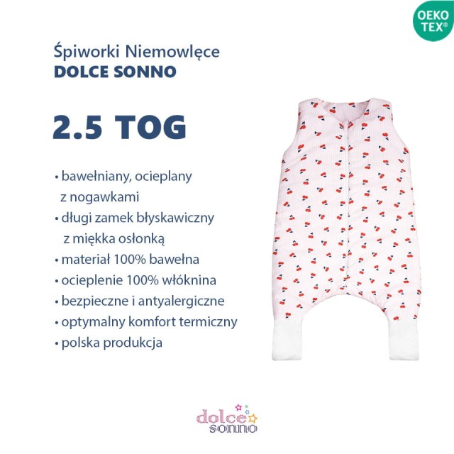 Niemowlęcy Dziecięcy Całoroczny śpiworek bawełniany dla dziecka z nogawkami 2,5 TOG Sweet Cherry | Dolce Sonno