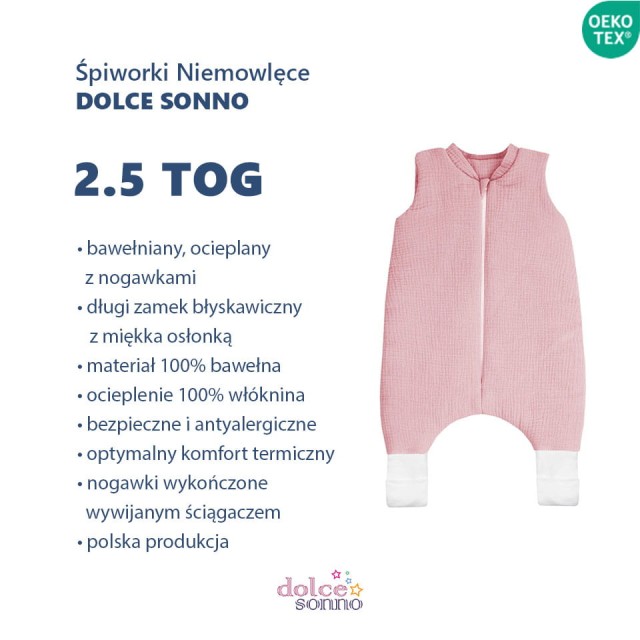 Niemowlęcy Dziecięcy Całoroczny śpiworek niemowlęcy muślinowy Double Gauze 2,5 TOG Brudny Róż | Dolce Sonno