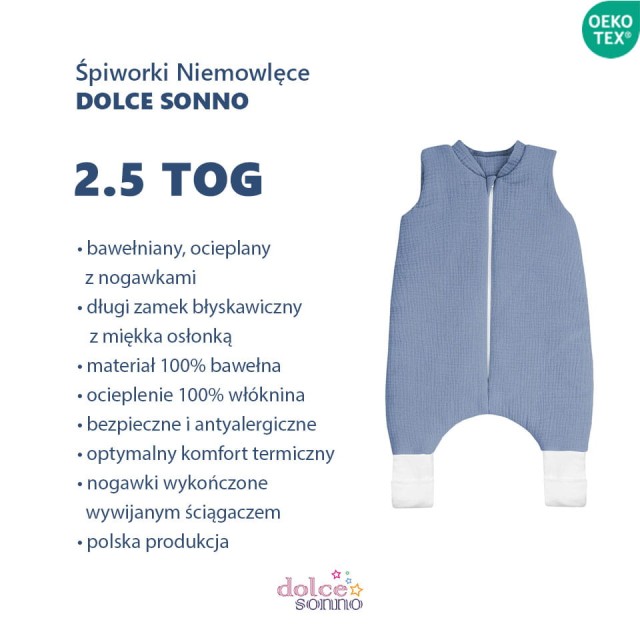 Niemowlęce Dziecięcy Całoroczny śpiworek niemowlęcy muślinowy Double Gauze 2,5 TOG Jeans | Dolce Sonno