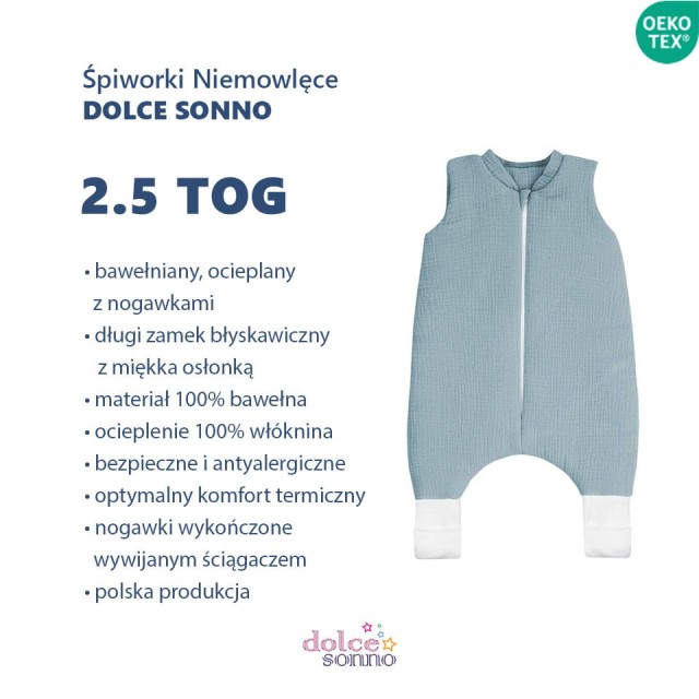 Niemowlęcy Dziecięcy Całoroczny śpiworek niemowlęcy muślinowy Double Gauze 2,5 TOG Khaki | Dolce Sonno