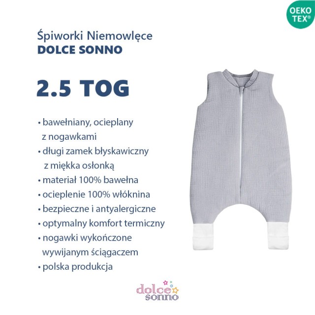 Niemowlęcy Dziecięcy Całoroczny śpiworek niemowlęcy muślinowy Double Gauze 2,5 TOG Szary | Dolce Sonno