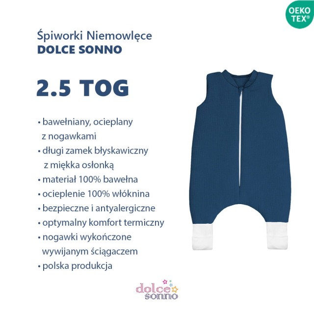 Niemowlęcy Dziecięcy Całoroczny śpiworek niemowlęcy muślinowy Double Gauze 2,5 TOG Granat | Dolce Sonno