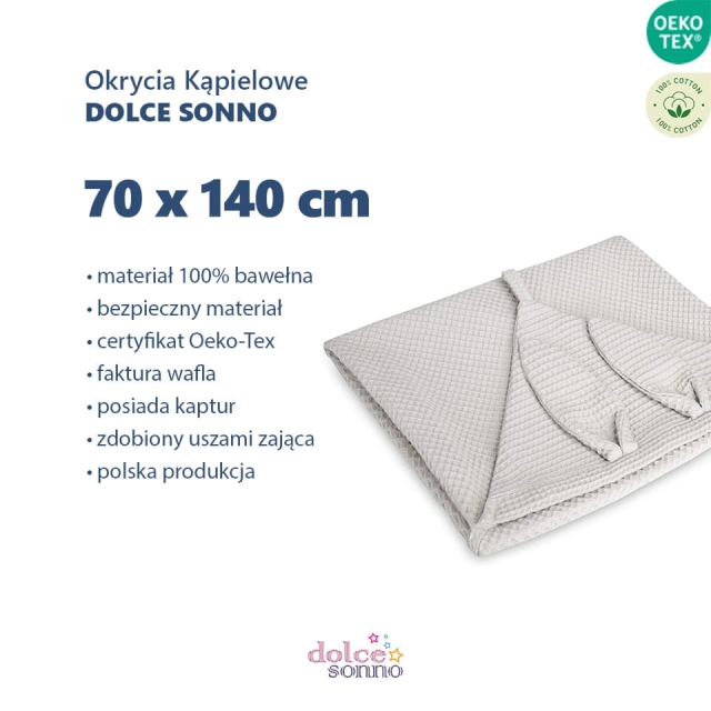 Dziecięce Duże Okrycie Kąpielowe Wafel z kapturem i uszami 70 x 140 cm - Beż | Dolce Sonno