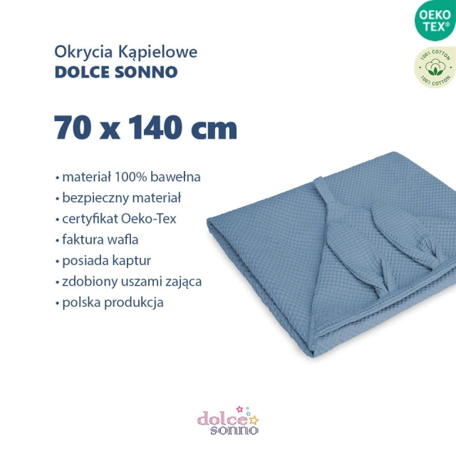 Dziecięce Duże Okrycie Kąpielowe Wafel z kapturem i uszami 70 x 140 cm - Jeans | Dolce Sonno