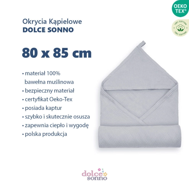 Szare Muślinowe okrycie kąpielowe z kapturem 80x85 cm - Szare | Dolce Sonno