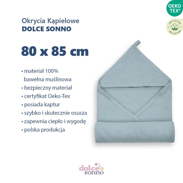 Dziecięce Muślinowe okrycie kąpielowe z kapturem 80x85 cm - Khaki | Dolce Sonno