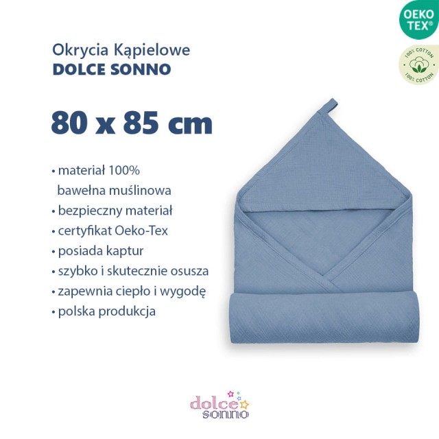 Dziecięce Niebieskie Muślinowe okrycie kąpielowe z kapturem 80x85 cm - Jeans | Dolce Sonno
