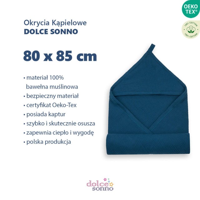 Dziecięce Muślinowe okrycie kąpielowe z kapturem 80x85 cm - Granat | Dolce Sonno