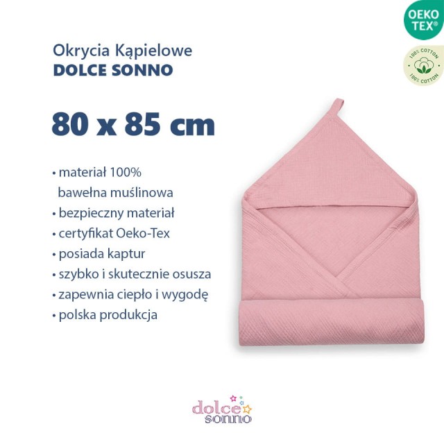 Dziecięce Niemowlęce Muślinowe okrycie kąpielowe z kapturem 80x85 cm - Brudny Róż | Dolce Sonno