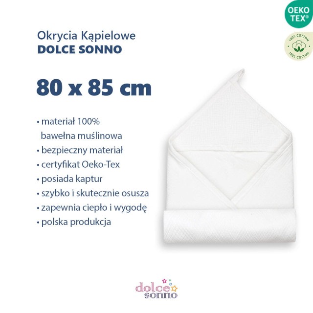 Dziecięce Muślinowe okrycie kąpielowe z kapturem 80x85 cm - Białe | Dolce Sonno