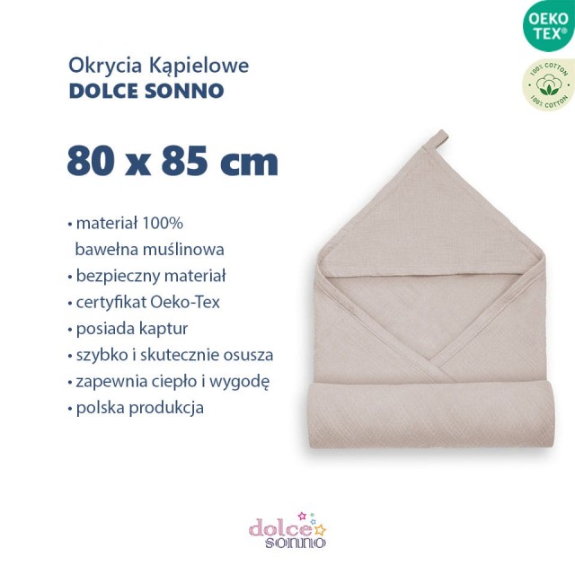 Muślinowe okrycie kąpielowe z kapturem 80x85 cm - Beżowe | Dolce Sonno