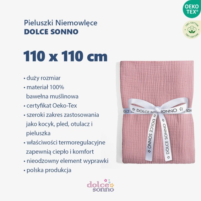 Dla Dzieci, Dla Niemowląt, Otulacz pieluszka muślinowa Double Gauze 110cm - brudny róż  Dolce Sonno