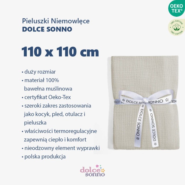 Zalety Otulacz, pieluszka muślinowa Double Gauze 110x110cm - Beż  Dolce Sonno