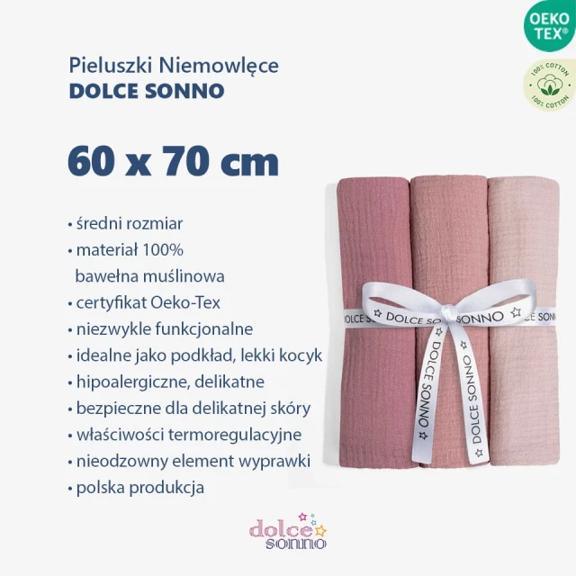 Zalety Zestaw 3 Pieluszek Muślinowych 60 x 70 cm 100% Bawełna Oeko-Tex  Zestaw 6 - Dolce Sonno