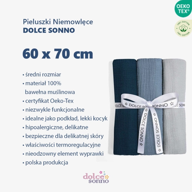 Zalety Zestaw 3 Pieluszek Muślinowych 60 x 70 cm 100% Bawełna Oeko-Tex  Zestaw 8 - Dolce Sonno