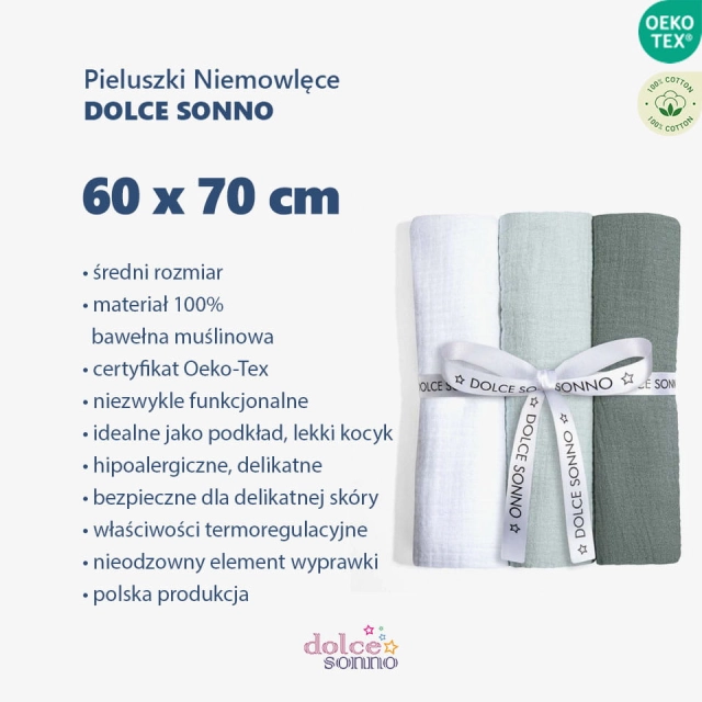 Zalety Zestaw 3 Pieluszek Muślinowych 60 x 70 cm 100% Bawełna Oeko-Tex  Zestaw 19 - Dolce Sonno