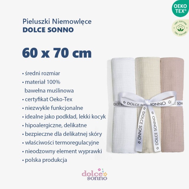 Zalety Zestaw 3 Pieluszek Muślinowych 60 x 70 cm 100% Bawełna Oeko-Tex  Zestaw 5 - Dolce Sonno