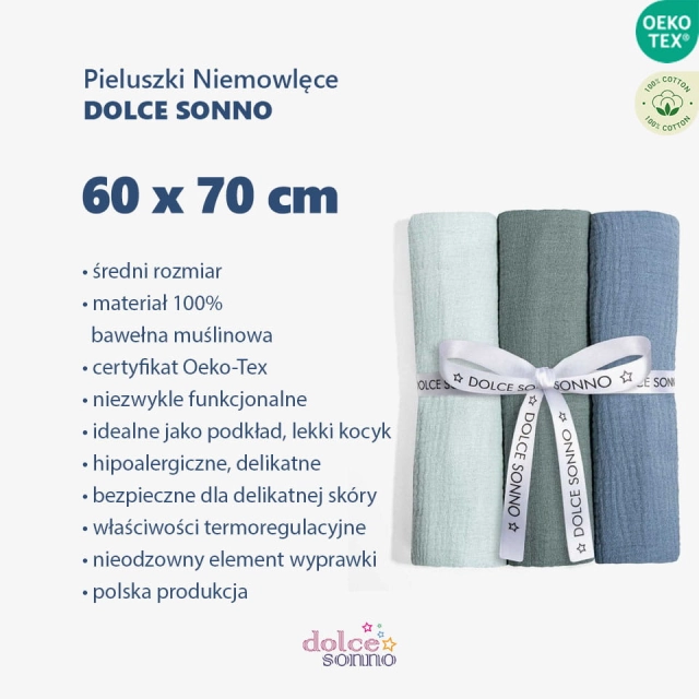 Zalety Zestaw 3 Pieluszek Muślinowych 60 x 70 cm 100% Bawełna Oeko-Tex  Zestaw 16 - Dolce Sonno