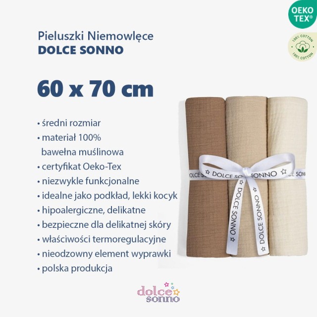 Zalety Zestaw 3 Pieluszek Muślinowych 60 x 70 cm 100% Bawełna Oeko-Tex  Zestaw 2 - Dolce Sonno