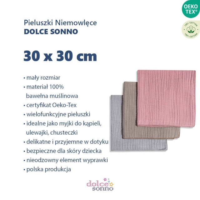 Zalety 3Pack Chusteczki Muślinowe Pieluszki Ulewajki 30x30 cm - MIX01  Dolce Sonno