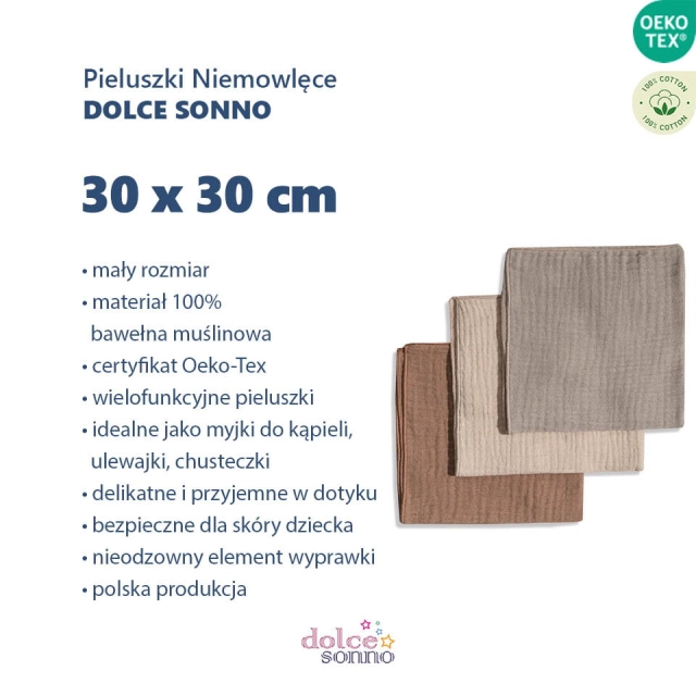 Zalety 3Pack Chusteczki Muślinowe Pieluszki Ulewajki 30x30 cm - MIX07 | Dolce Sonno
