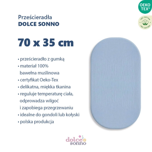 Zalety Prześcieradło muślinowe 70x35 cm do kołyski gondoli kosza Mojżesza | Jeans - Dolce Sonno