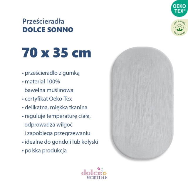 Zalety Prześcieradło muślinowe 70x35 cm do kołyski gondoli kosza Mojżesza | Szary - Dolce Sonno
