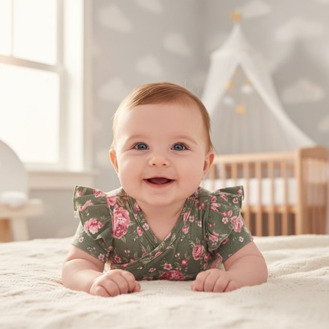 Body kopertowe niemowlęce z krótkim rękawem Kwiaty Zieleń - Dolce Sonno