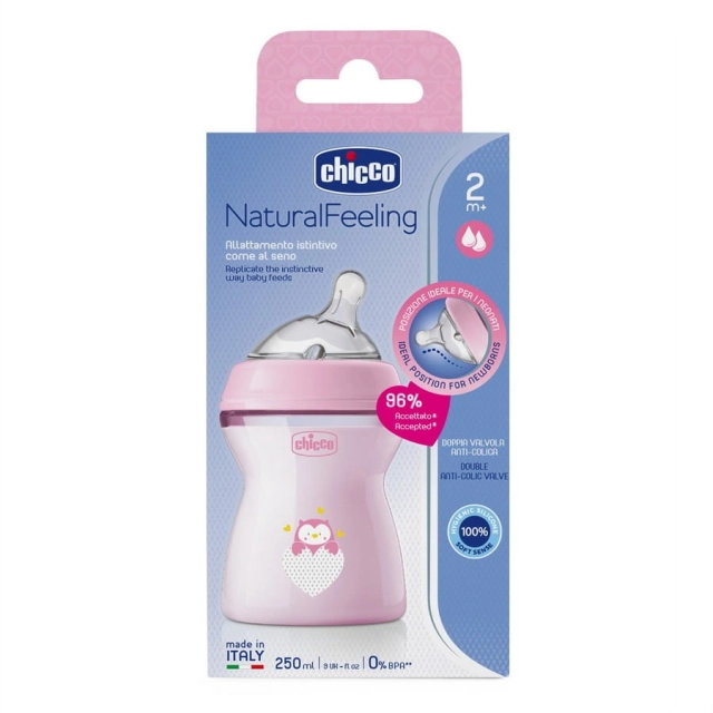 Butelka Natural Feeling plastikowa Chicco do karmienia 2m+ 250ml różowa