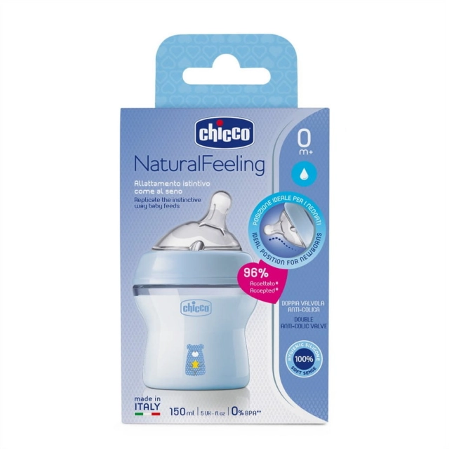 Butelka Natural Feeling plastikowa Chicco do karmienia od pierwszych dni życia 150ml Niebieska