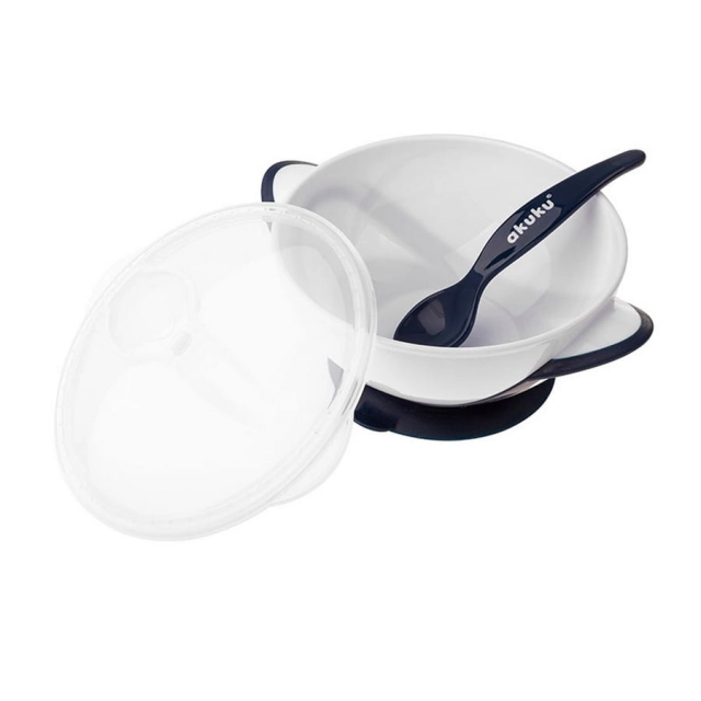 Miseczka z łyżeczką dla dzieci na przyssawce white / navy blue od Akuku