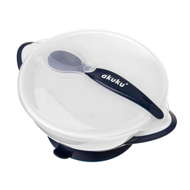 Miseczka z łyżeczką dla dzieci na przyssawce white / navy blue od Akuku