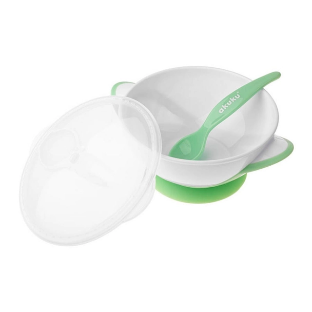 Miseczka z łyżeczką dla dzieci na przyssawce white / green od Akuku