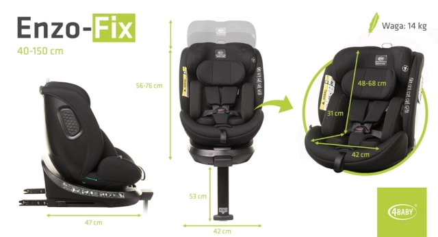 Fotelik samochodowy z obrotową bazą ENZO-FIX 40 - 150cm BLACK I-SIZE 4BABY