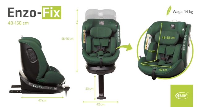 Fotelik samochodowy z obrotową bazą ENZO-FIX 40 - 150cm DARK GREEN I-SIZE 4BABY