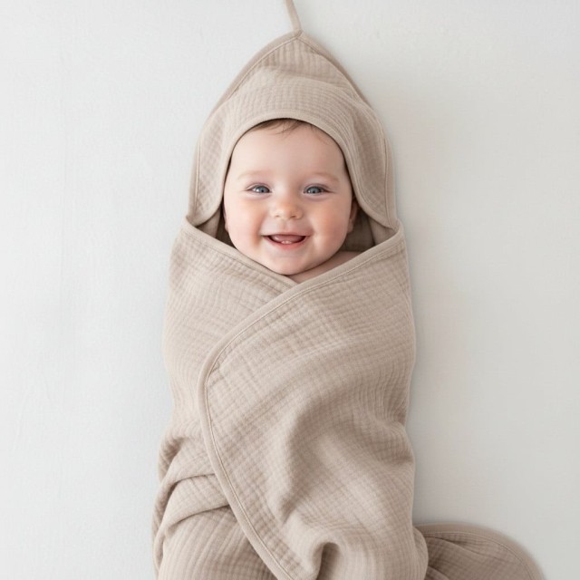 Muślinowe okrycie kąpielowe z kapturem 80x85 cm - Beż | Dolce Sonno