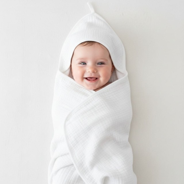 Muślinowe okrycie kąpielowe z kapturem 80x85 cm - Białe | Dolce Sonno