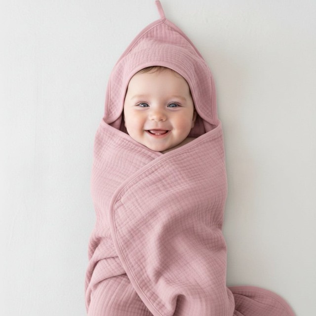 Muślinowe okrycie kąpielowe z kapturem 80x85 cm - Brudny Róż | Dolce Sonno