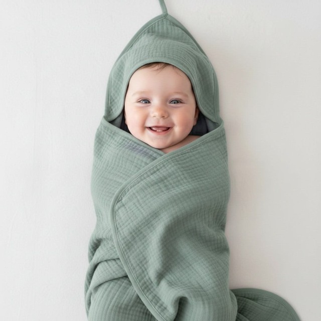 Muślinowe okrycie kąpielowe z kapturem 80x85 cm - Laurowe | Dolce Sonno