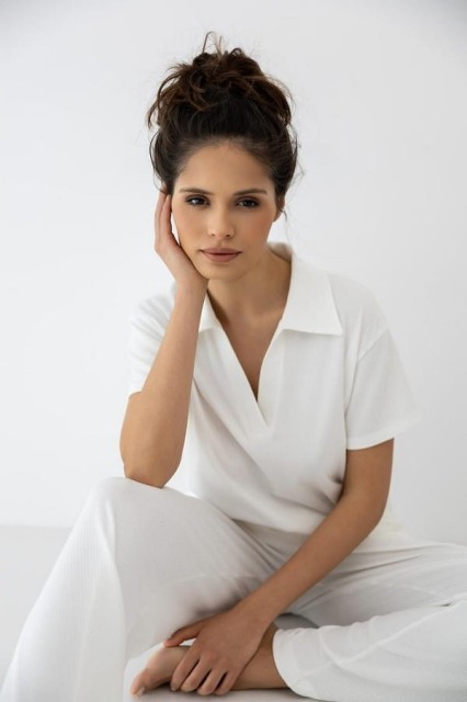 Dzianinowa piżama damska z koszulką Polo i długimi spodniami Zuri od Sensis