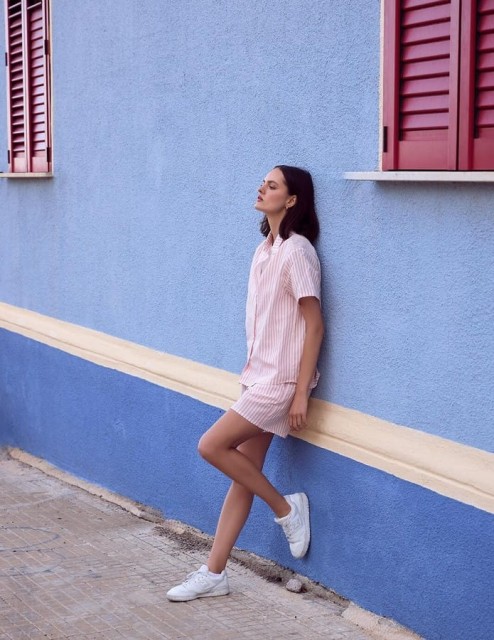 Piżama damska len z bawełną Selene z kołnierzykiem w paski od Sensis