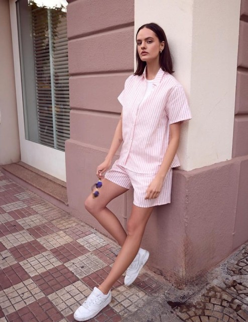 Piżama damska len z bawełną Selene z kołnierzykiem w paski od Sensis