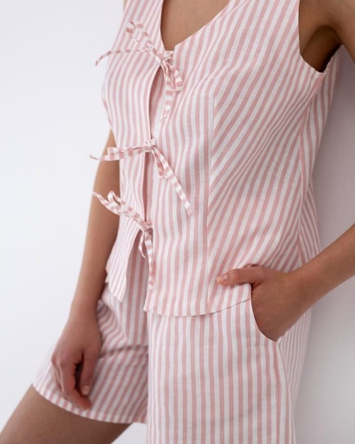 Piżama damska len z bawełną Felicity wiązana na troczki w paski od Sensis