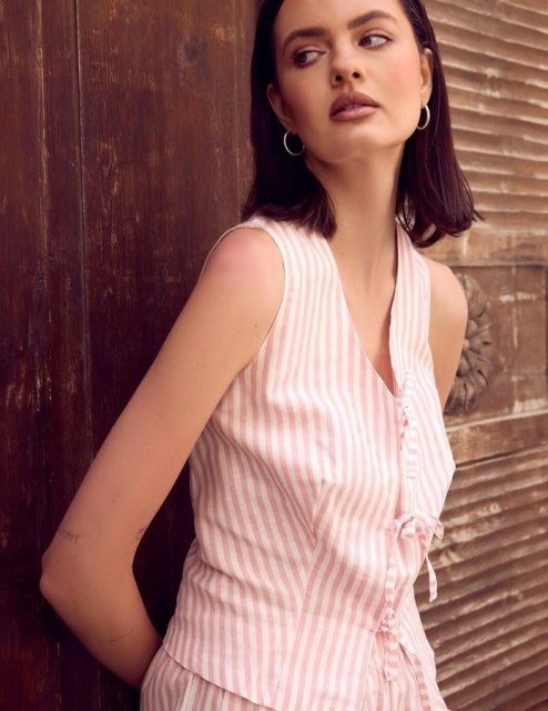 Piżama damska len z bawełną Felicity wiązana na troczki w paski od Sensis