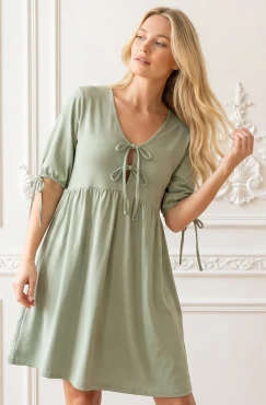 Koszula nocna ciążowa i do karmienia Rossa / Szałwia z wiązanym dekoltem - Dolce Sonno