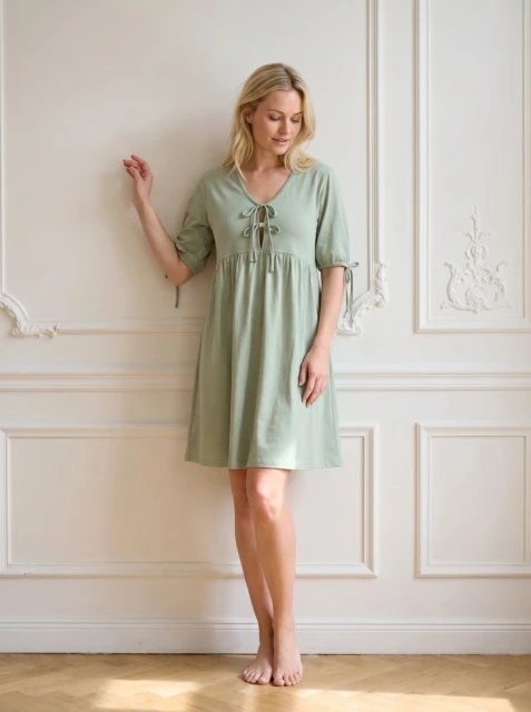 Koszula nocna ciążowa i do karmienia Rossa  Szałwia z wiązanym dekoltem - Dolce Sonno