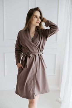 Szlafrok bawełniany z długim rękawem Ciara / Taupe Dolce Sonno - II Gatunek