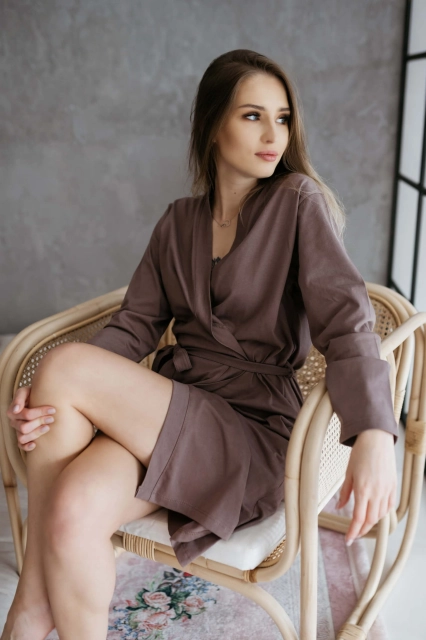 Szlafrok bawełniany z długim rękawem Ciara/ Taupe - Dolce Sonno